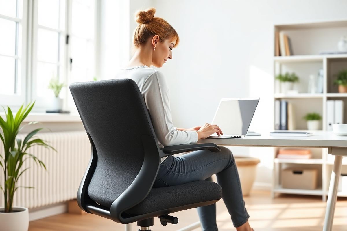 Frau sitzt im Homeoffice auf einem Bürostuhl mit ergonomischem ErgoPad Sitzkissen